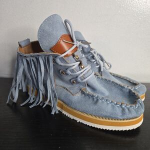 Womens Moccasins 6.5 Blue Fringe Booties Slip Resistant Flats Faux Suede Ankle